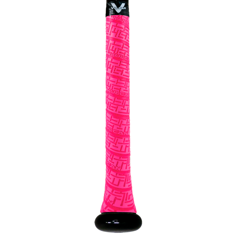 Vulcan Optic Pink baseball bat grip with embossed geometric texture and black end cap, shown wrapped on a bat handle in vertical view on a light background. ⚾