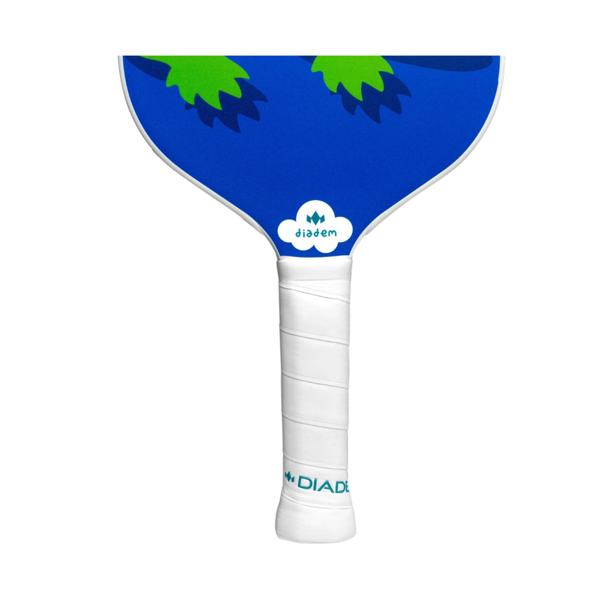 Diadem Icon Infinity Pro pickleball paddle featuring a playful all-over pattern with assorted icons, shown upright with a wrapped handle.