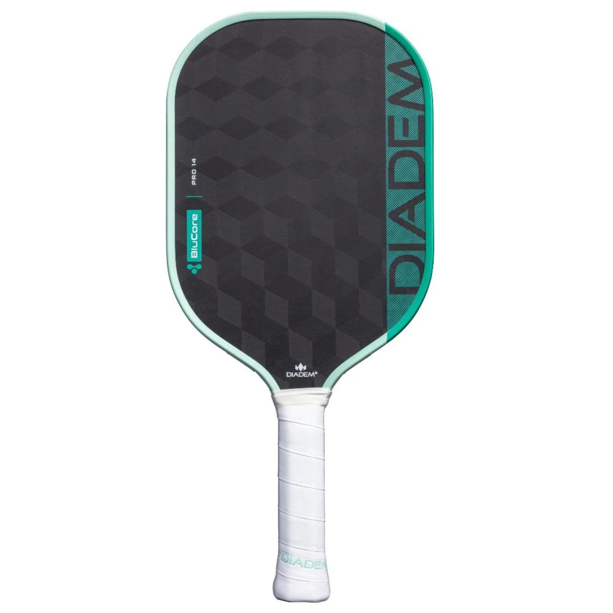 Diadem Edge BluCore Pro pickleball paddle with a textured geometric face, shown alongside product specifications and feature icons in a promotional layout.