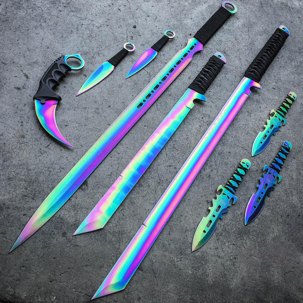9-Piece Rainbow Ninja Blade Set – Colorful Collector & Outdoor Collection