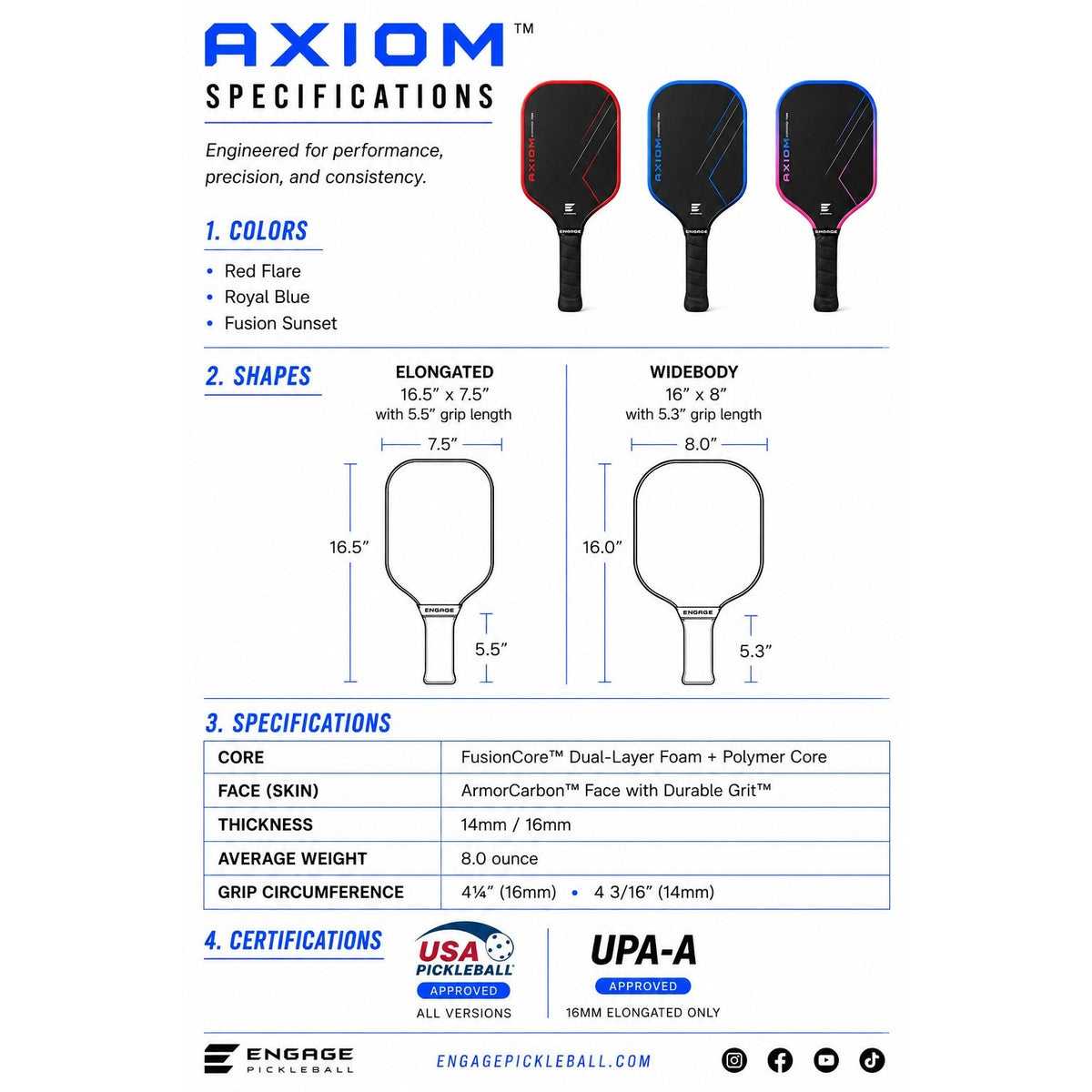 Engage Axiom Widebody Pickleball Paddle - specifications