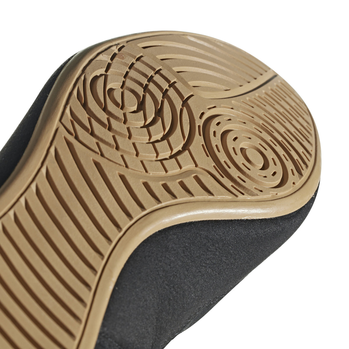 Black high-top wrestling shoe with a breathable mesh upper, black laces, padded ankle strap, and three white diagonal stripes on the side; shown from side and sole views, featuring a tan gum rubber outsole with circular traction patterns and Adidas logo for grip, stability, and mat control.