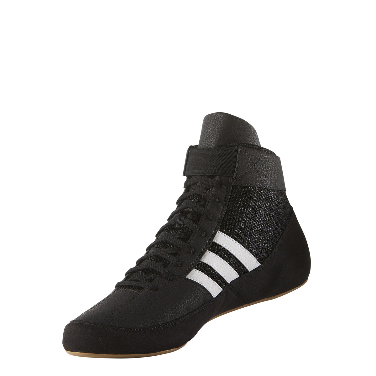 Black high-top wrestling shoe with a breathable mesh upper, black laces, padded ankle strap, and three white diagonal stripes on the side; shown from side and sole views, featuring a tan gum rubber outsole with circular traction patterns and Adidas logo for grip, stability, and mat control.