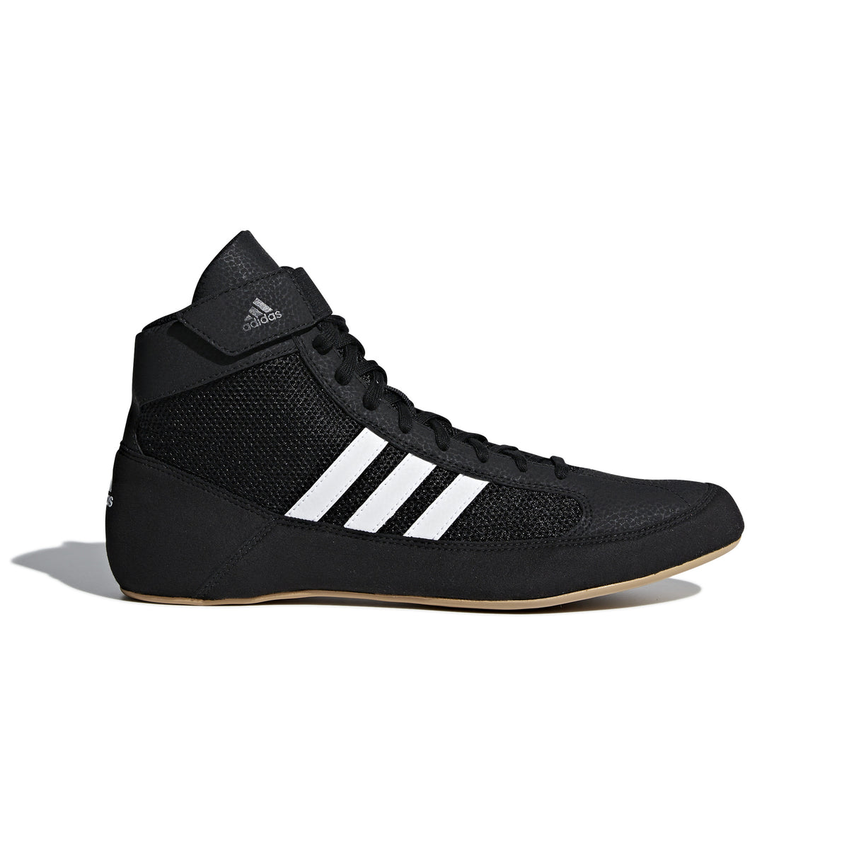 Black high-top wrestling shoe with a breathable mesh upper, black laces, padded ankle strap, and three white diagonal stripes on the side; shown from side and sole views, featuring a tan gum rubber outsole with circular traction patterns and Adidas logo for grip, stability, and mat control.