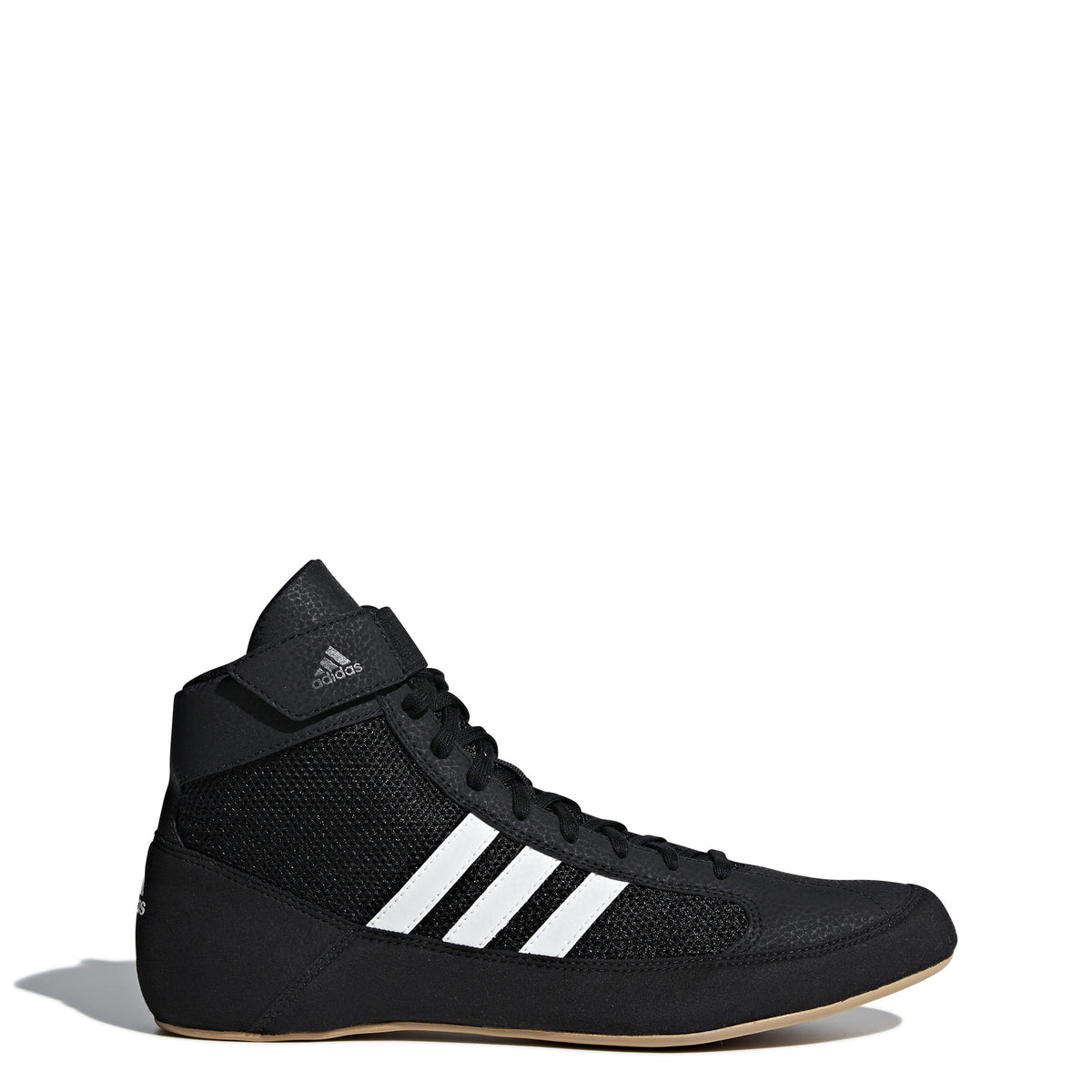 Black high-top wrestling shoe with a breathable mesh upper, black laces, padded ankle strap, and three white diagonal stripes on the side; shown from side and sole views, featuring a tan gum rubber outsole with circular traction patterns and Adidas logo for grip, stability, and mat control.