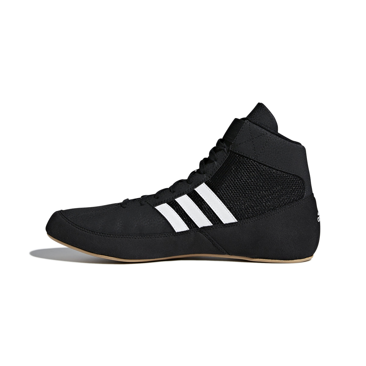 Black high-top wrestling shoe with a breathable mesh upper, black laces, padded ankle strap, and three white diagonal stripes on the side; shown from side and sole views, featuring a tan gum rubber outsole with circular traction patterns and Adidas logo for grip, stability, and mat control.
