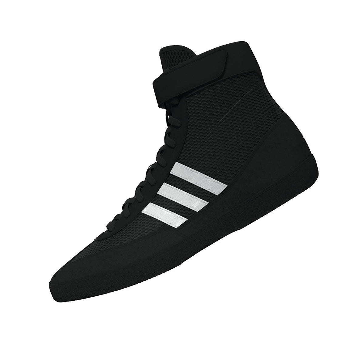 Black high-top wrestling shoe with a breathable mesh upper, black laces, ankle strap for added support, and three white diagonal stripes on the side; shown from side and sole views, featuring a black outsole with white traction pods and Adidas logo for grip, stability, and mat control.