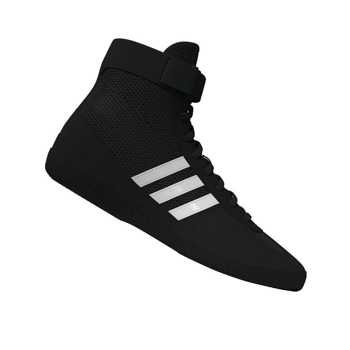 Black high-top wrestling shoe with a breathable mesh upper, black laces, ankle strap for added support, and three white diagonal stripes on the side; shown from side and sole views, featuring a black outsole with white traction pods and Adidas logo for grip, stability, and mat control.