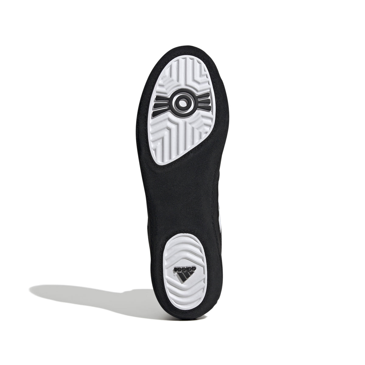 Black high-top wrestling shoe with a breathable mesh upper, black laces, ankle strap for added support, and three white diagonal stripes on the side; shown from side and sole views, featuring a black outsole with white traction pods and Adidas logo for grip, stability, and mat control.