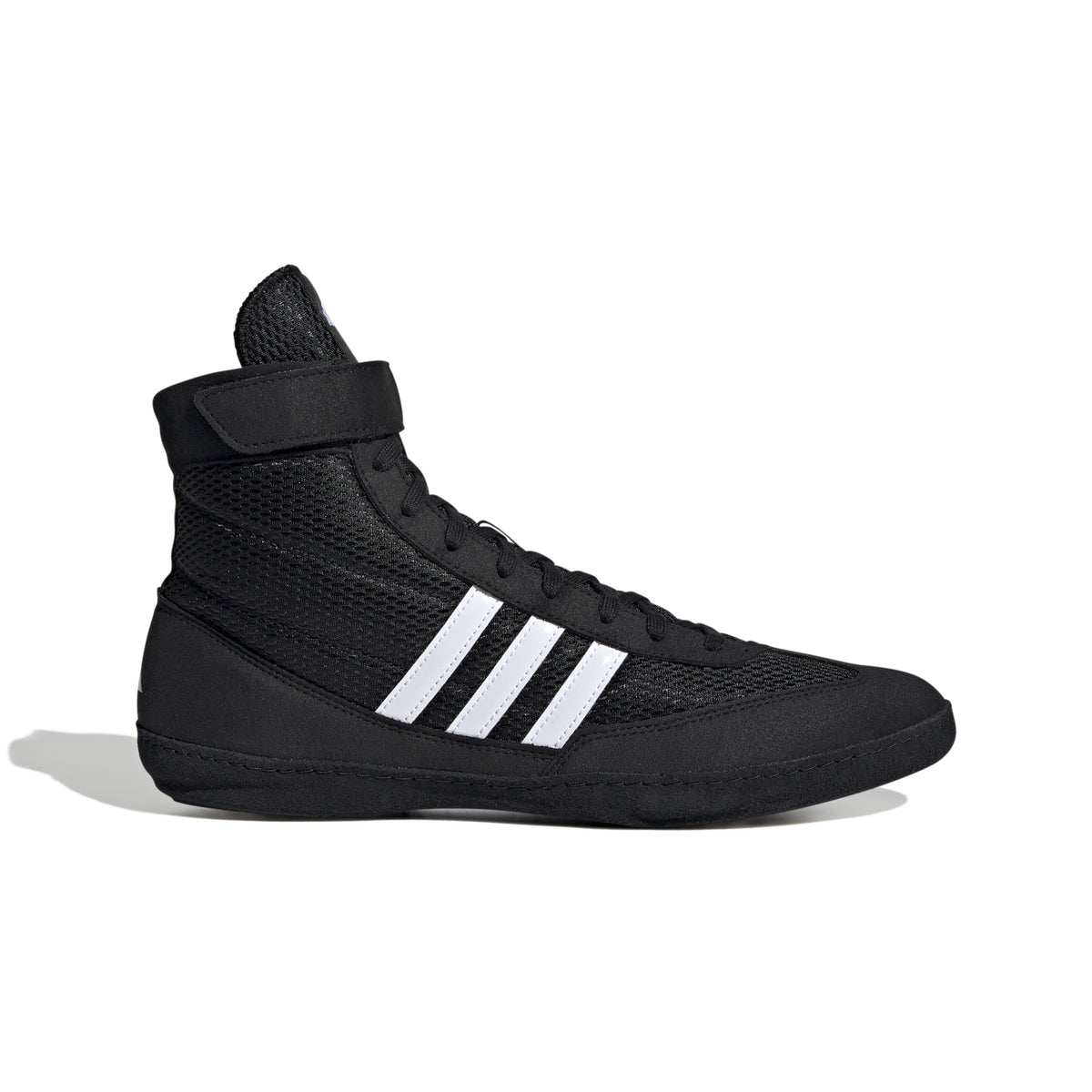 Black high-top wrestling shoe with a breathable mesh upper, black laces, ankle strap for added support, and three white diagonal stripes on the side; shown from side and sole views, featuring a black outsole with white traction pods and Adidas logo for grip, stability, and mat control.
