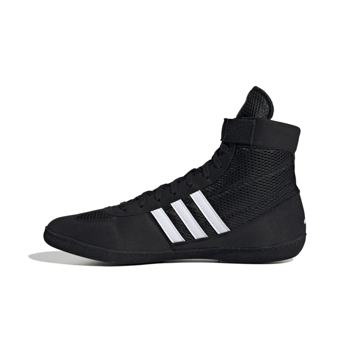 Black high-top wrestling shoe with a breathable mesh upper, black laces, ankle strap for added support, and three white diagonal stripes on the side; shown from side and sole views, featuring a black outsole with white traction pods and Adidas logo for grip, stability, and mat control.