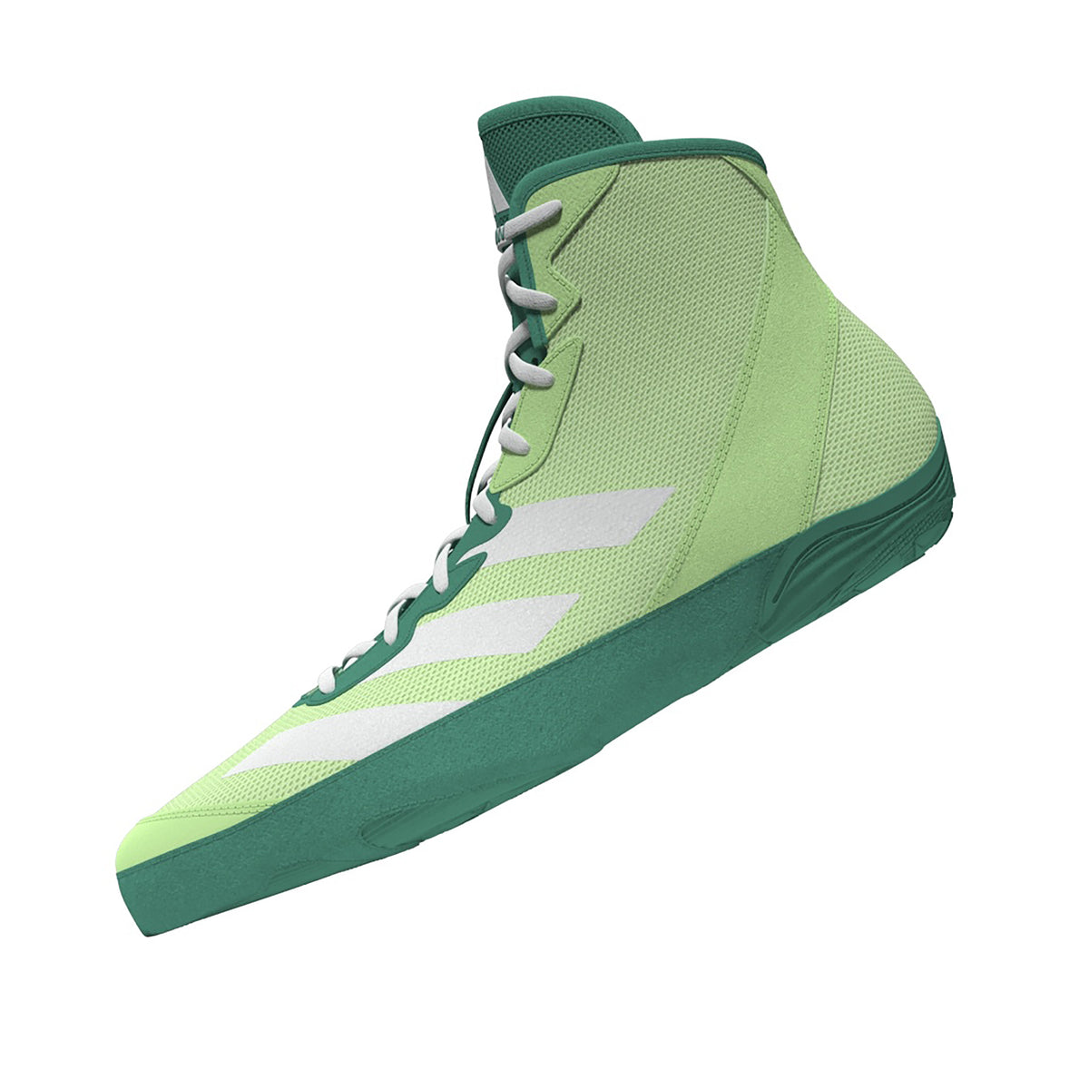 Light green high-top wrestling shoes with a breathable mesh upper, white laces, teal ankle collar and sole, and three white diagonal stripes on the side; shown from side and sole views, featuring a teal textured outsole with Adidas logo for lightweight traction, stability, and mat control.