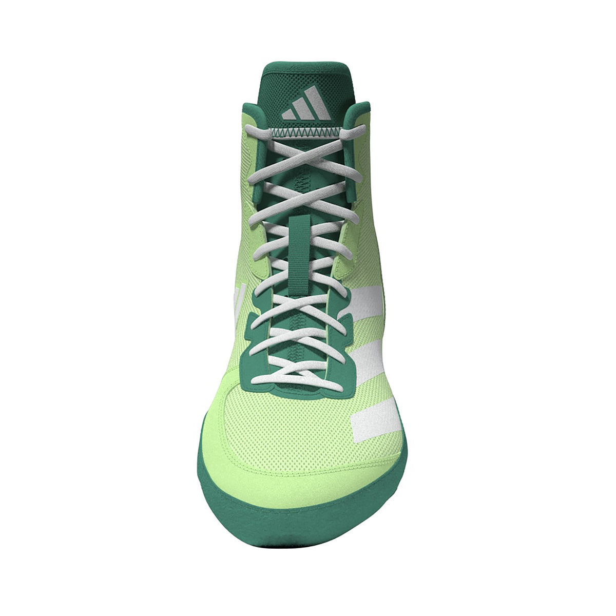 Light green high-top wrestling shoes with a breathable mesh upper, white laces, teal ankle collar and sole, and three white diagonal stripes on the side; shown from side and sole views, featuring a teal textured outsole with Adidas logo for lightweight traction, stability, and mat control.