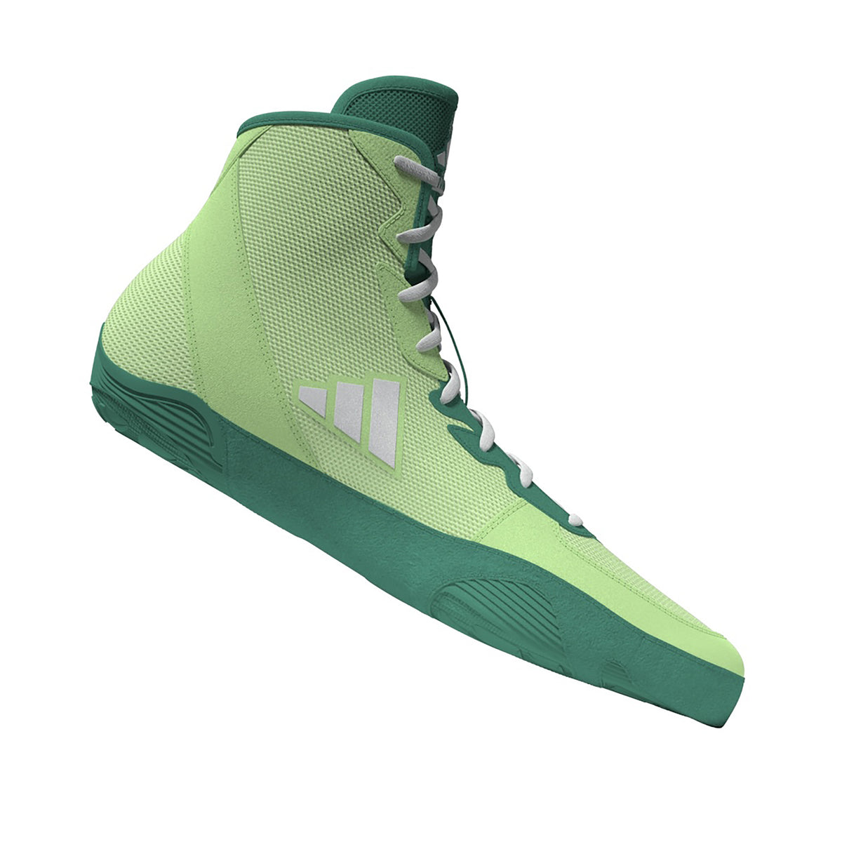 Light green high-top wrestling shoes with a breathable mesh upper, white laces, teal ankle collar and sole, and three white diagonal stripes on the side; shown from side and sole views, featuring a teal textured outsole with Adidas logo for lightweight traction, stability, and mat control.