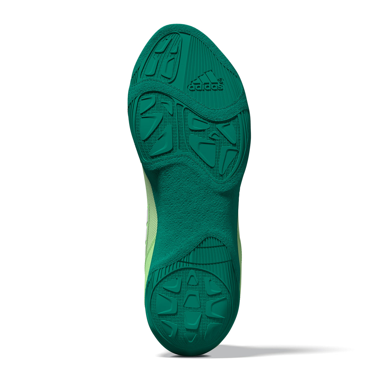 Light green high-top wrestling shoes with a breathable mesh upper, white laces, teal ankle collar and sole, and three white diagonal stripes on the side; shown from side and sole views, featuring a teal textured outsole with Adidas logo for lightweight traction, stability, and mat control.