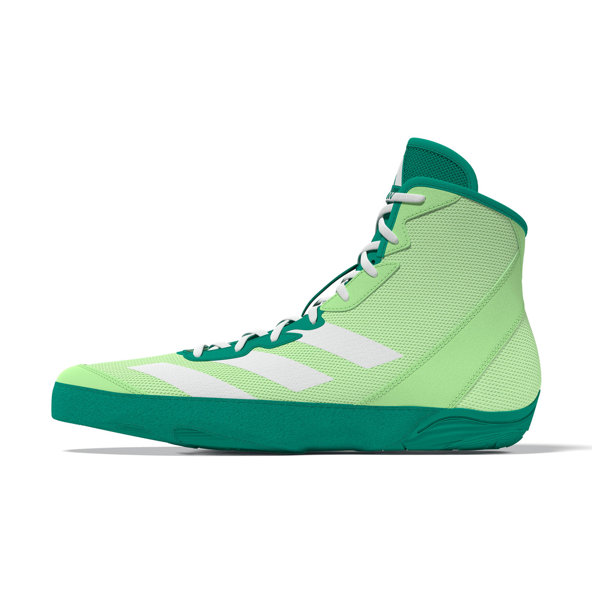 Light green high-top wrestling shoes with a breathable mesh upper, white laces, teal ankle collar and sole, and three white diagonal stripes on the side; shown from side and sole views, featuring a teal textured outsole with Adidas logo for lightweight traction, stability, and mat control.