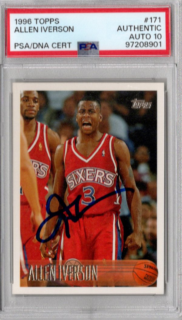 Allen Iverson Autographed Philadelphia 76ers 1996 Topps Rookie Card #171 PSA Graded AUTHENTIC AUTO 10