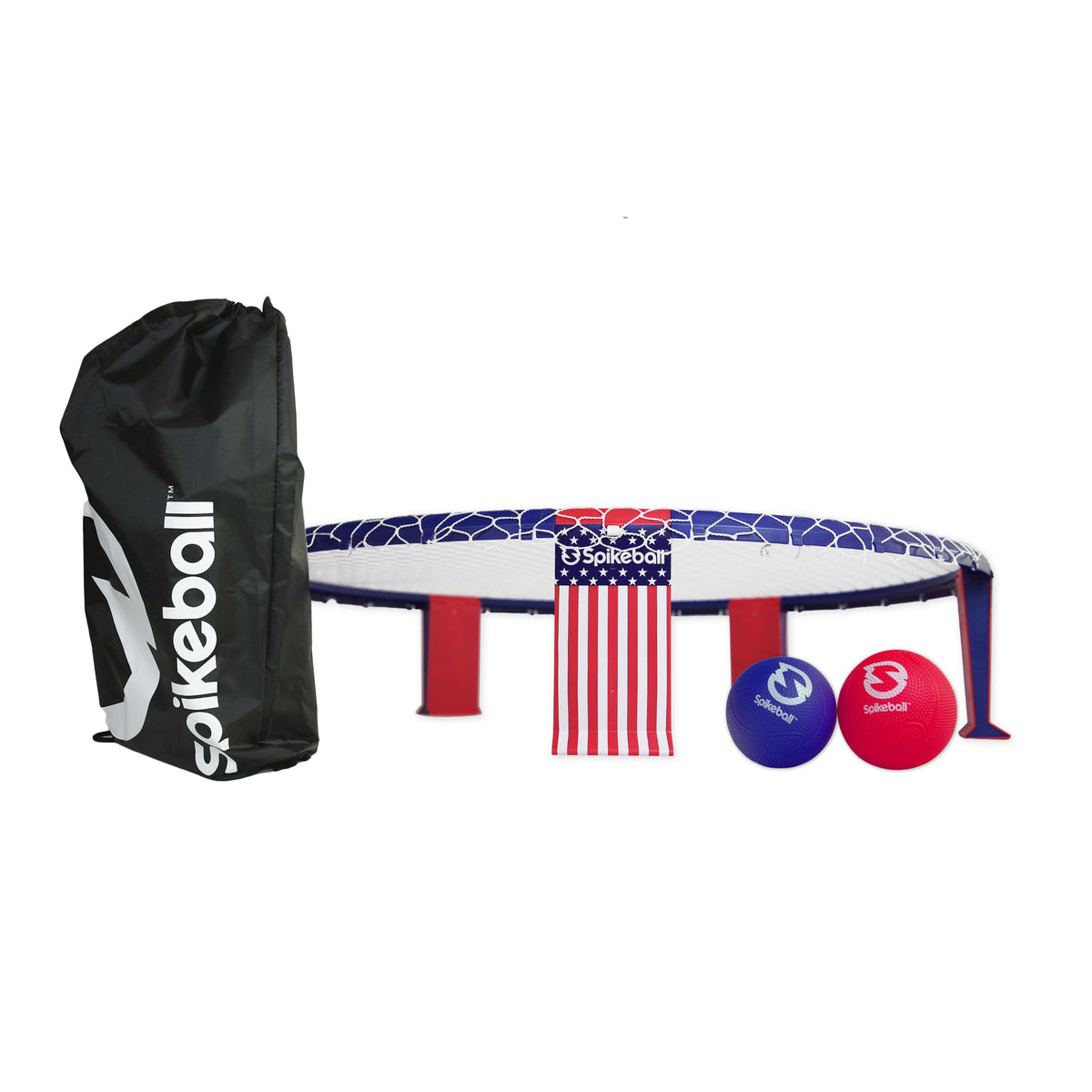 Spikeball set with net, balls, and carrying bag on a white background