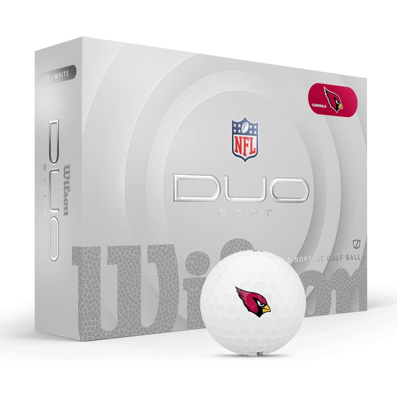 Wilson Golf DUO Soft NFL golf balls 12-pack in white, shown with branded Wilson DUO Soft packaging.