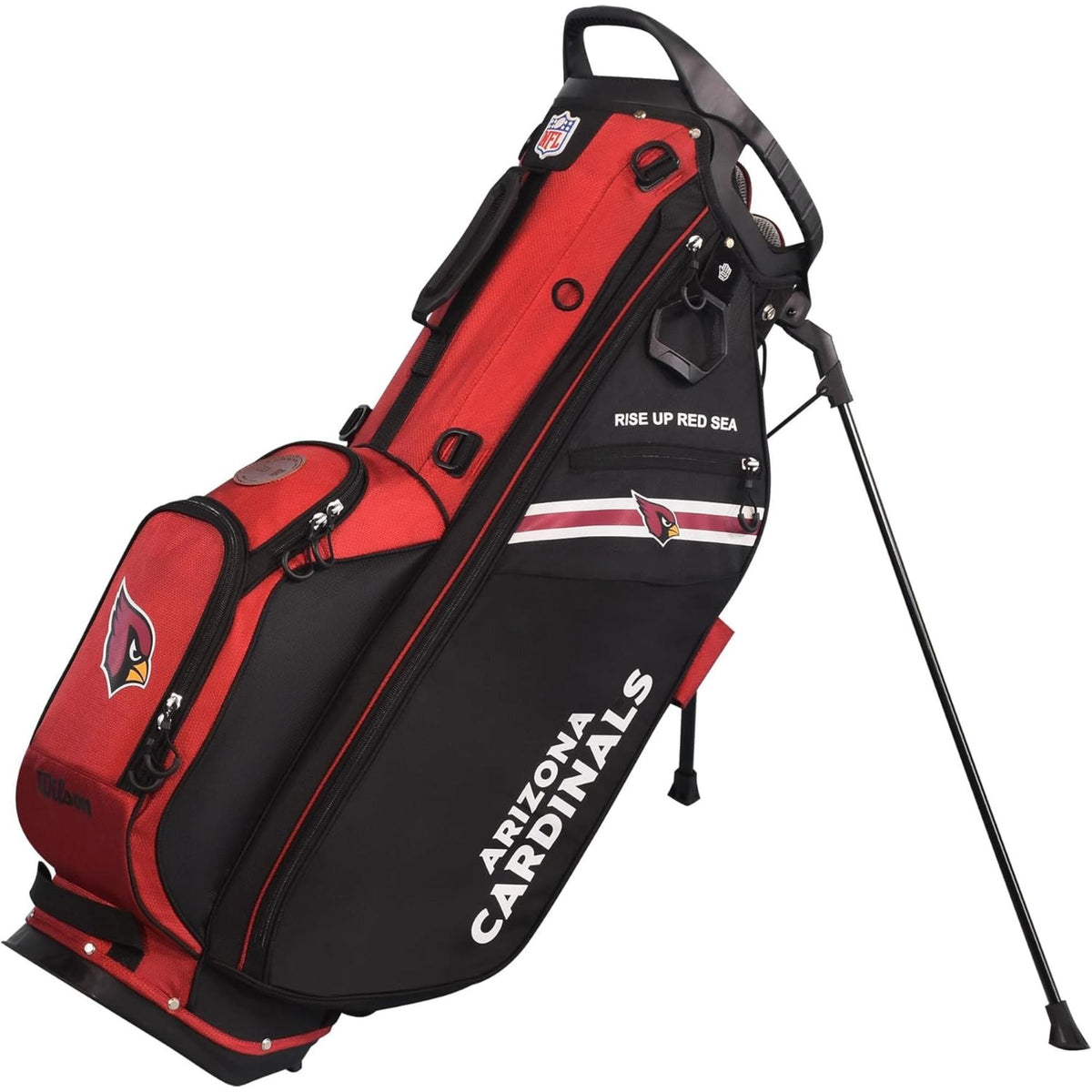 Wilson Golf NFL carry bag featuring team colors, logos, and a lightweight stand design for easy carrying on the course.