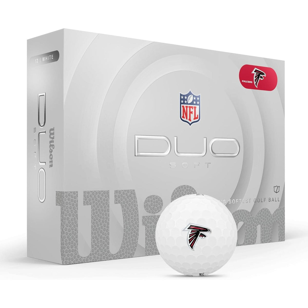 Wilson Golf DUO Soft NFL golf balls 12-pack in white, shown with branded Wilson DUO Soft packaging.