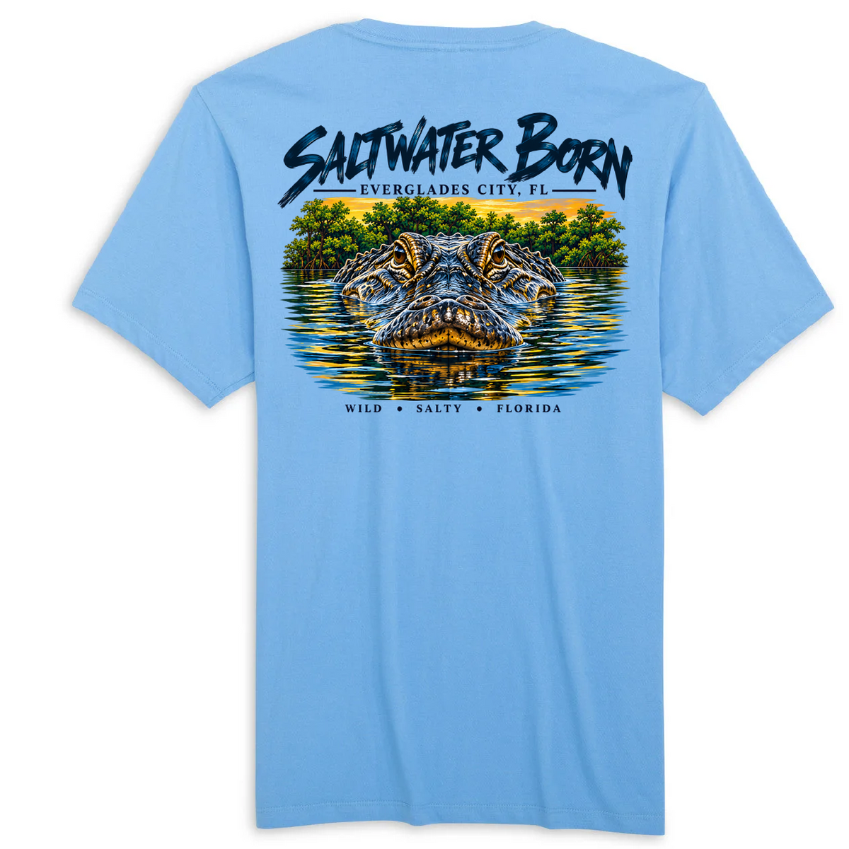 Alligator artwork on azure Everglades City Gator men's cotton tee