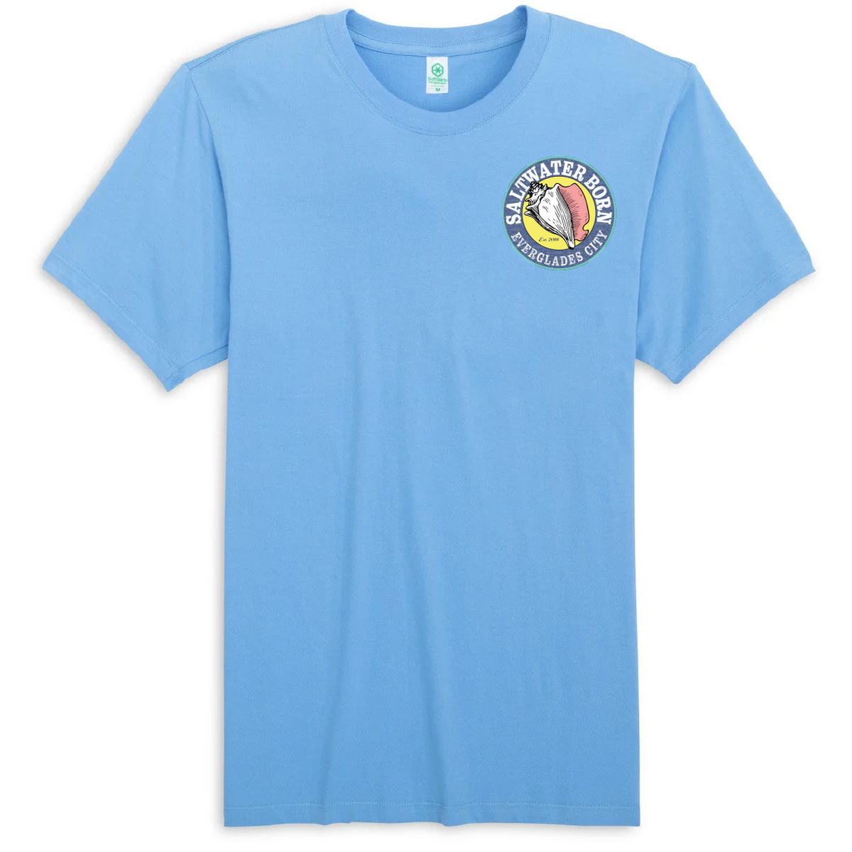 Small Saltwater Born logo on azure Everglades City Gator men's cotton tee