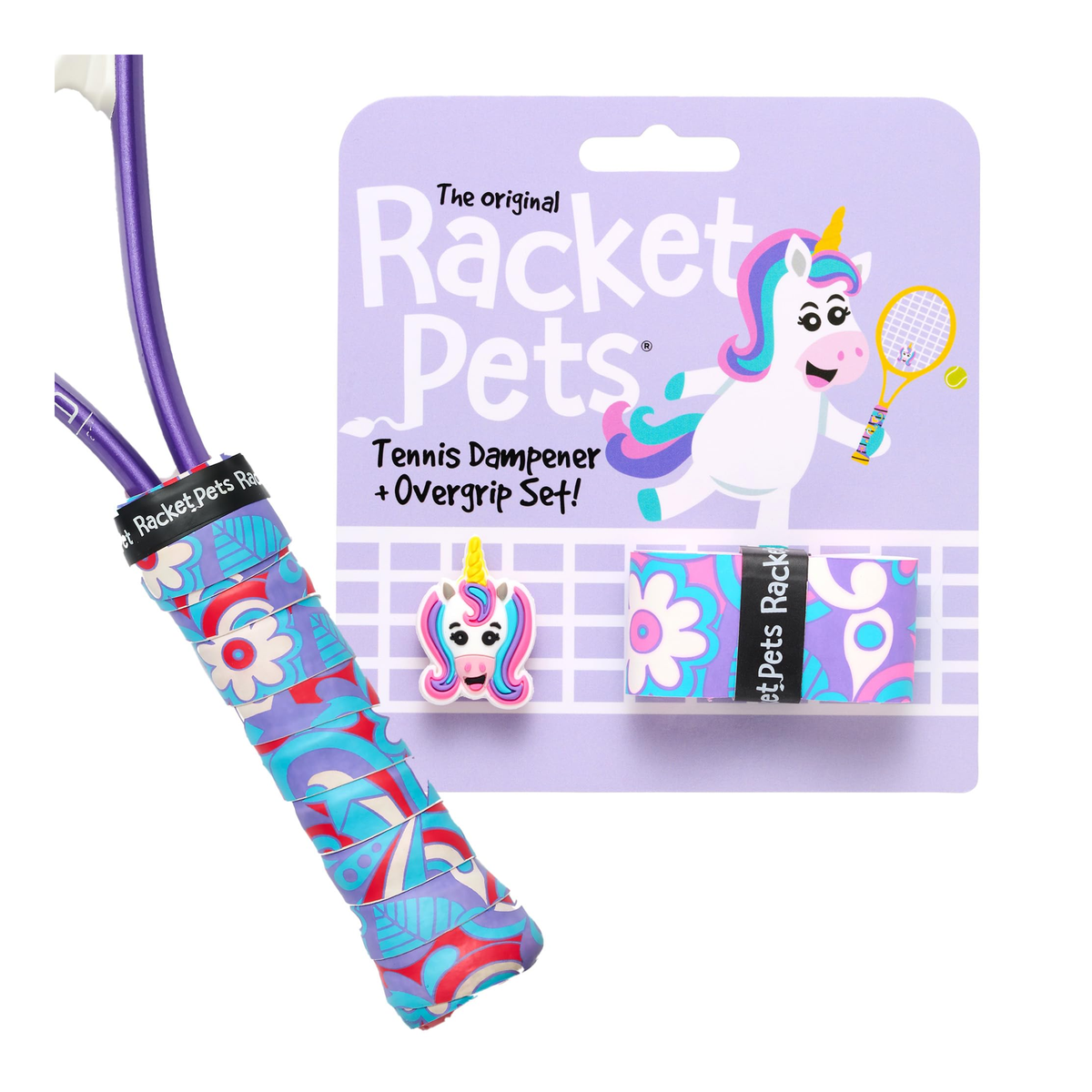 Racket Pets Tennis Overgrip and Dampener Set in Unicorn - front view
