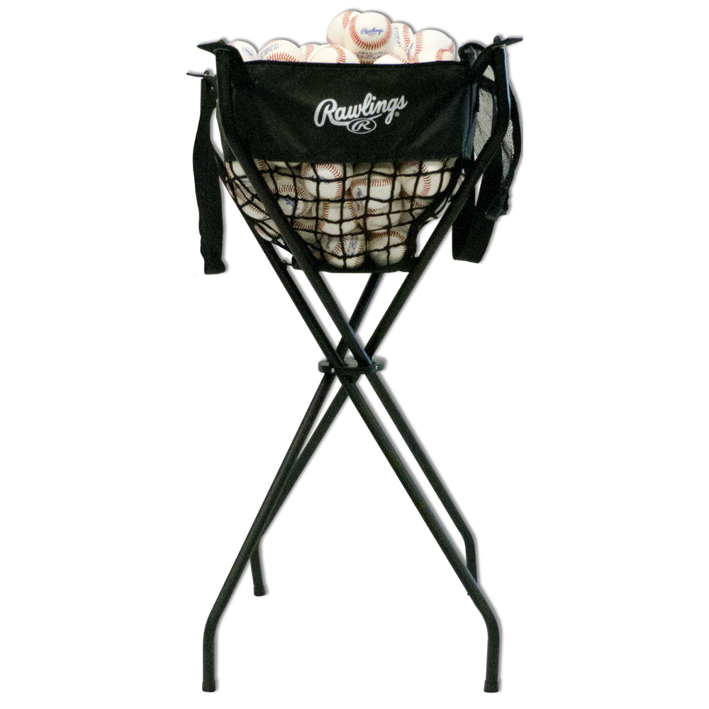 Rawlings baseball ball caddy with foldable metal stand and mesh basket designed to hold multiple baseballs for batting practice and training.