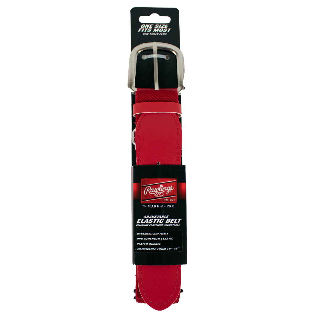 Rawlings adjustable elastic baseball and softball belt with metal buckle, designed for adult players with a one-size-fits-most fit.