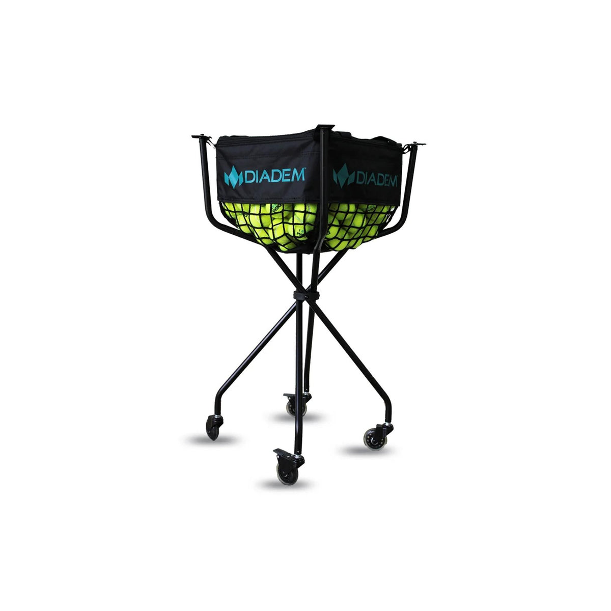 Tennis ball cart with a rolling metal frame and mesh basket designed to hold and transport a large quantity of tennis balls.