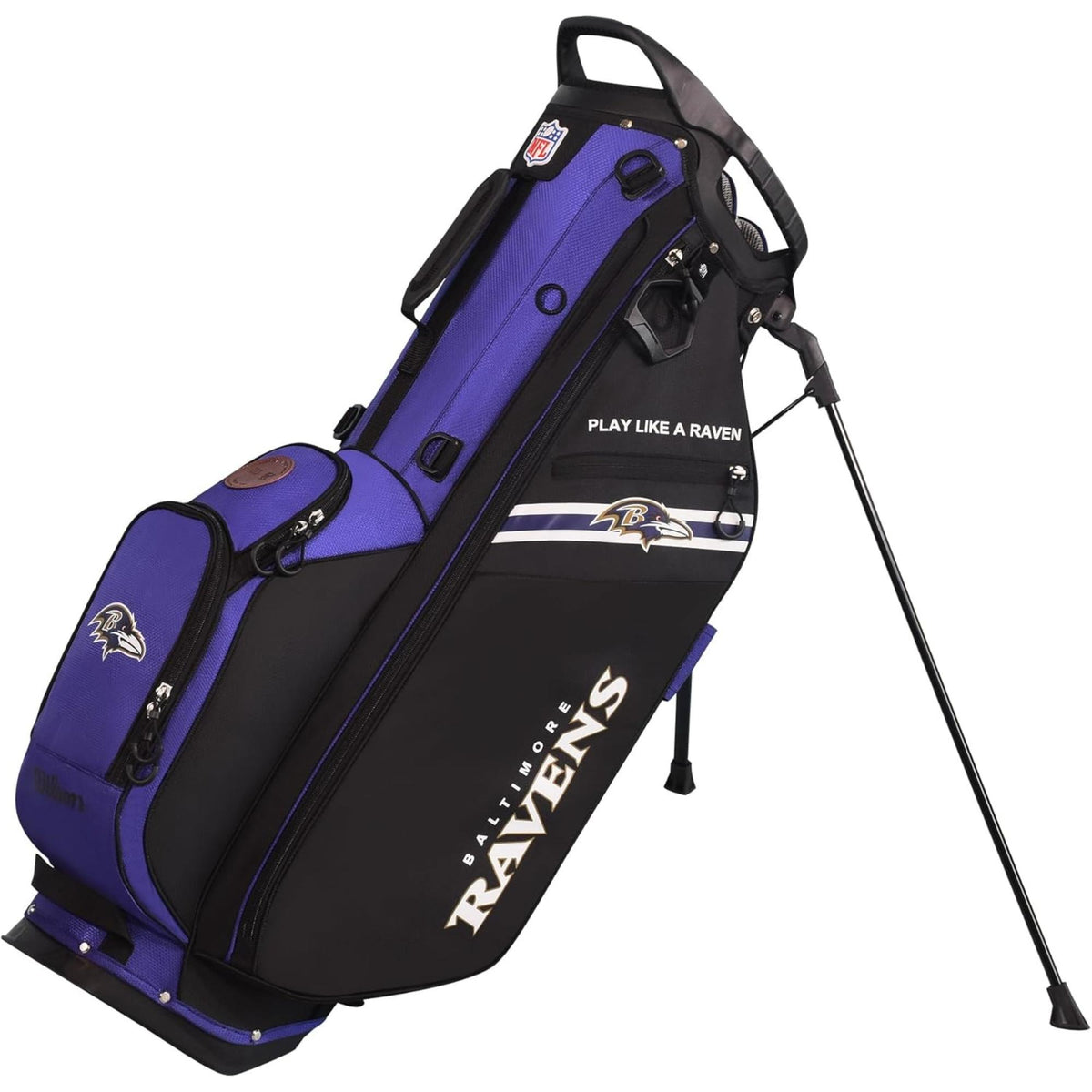 Wilson Golf NFL carry bag featuring team colors, logos, and a lightweight stand design for easy carrying on the course.