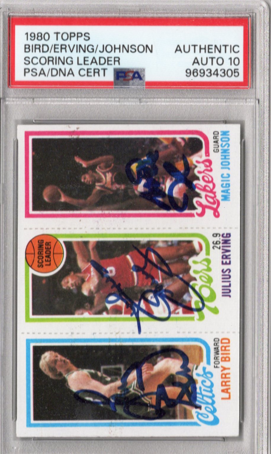 Larry Bird Julius Erving Magic Johnson Autographed Celtics 76ers Lakers 1980 Topps Rookie Card PSA Graded AUTHENTIC AUTO 10