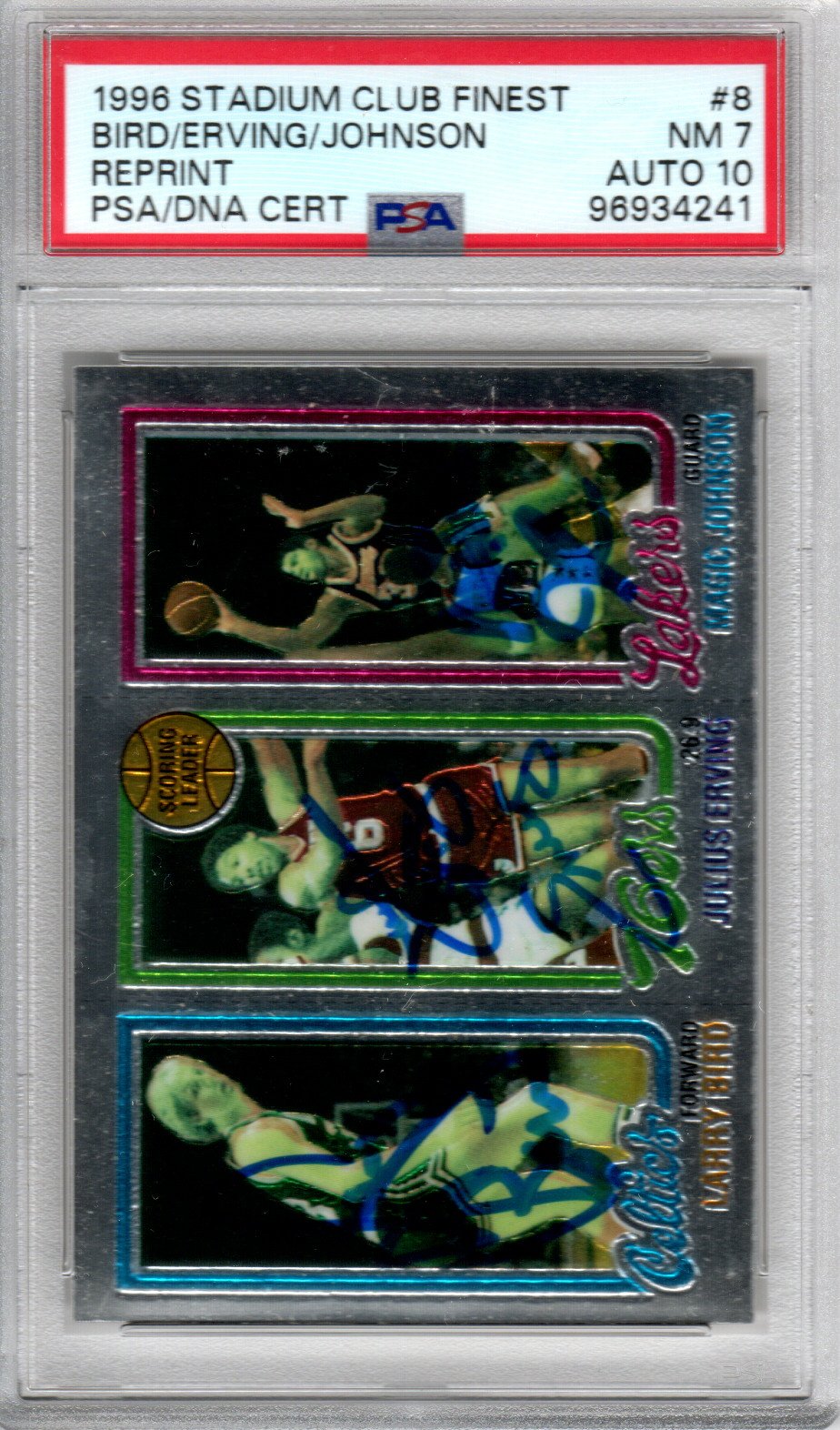 Larry Bird Julius Erving Magic Johnson Autographed 1996 Stadium Club Topps Finest Trading Card PSA 96934241