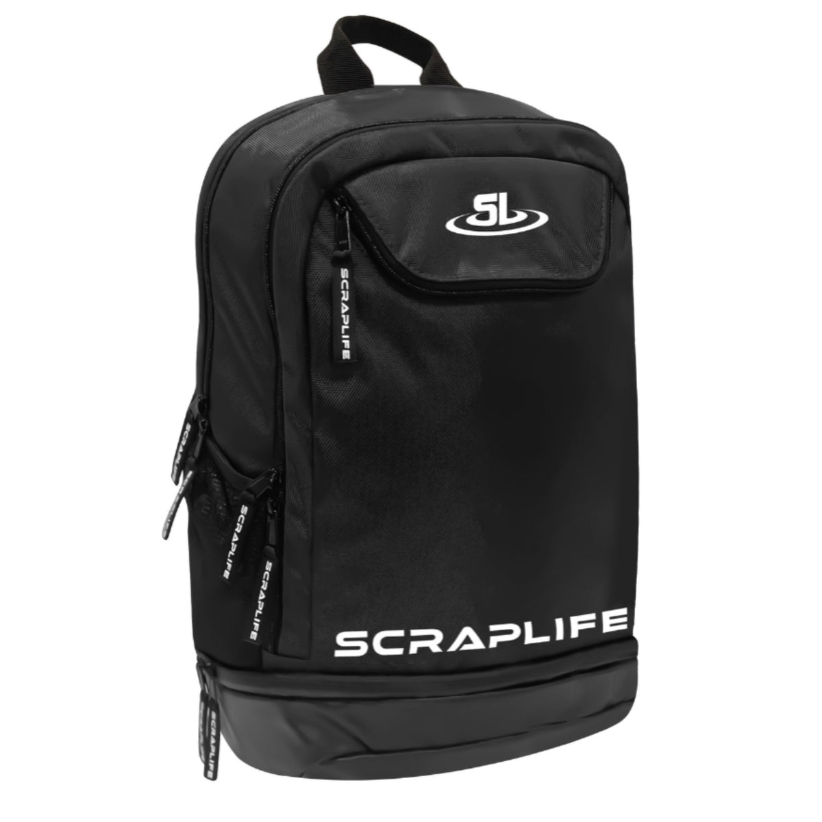 Black backpack with 'ScrapLife' branding on a white background
