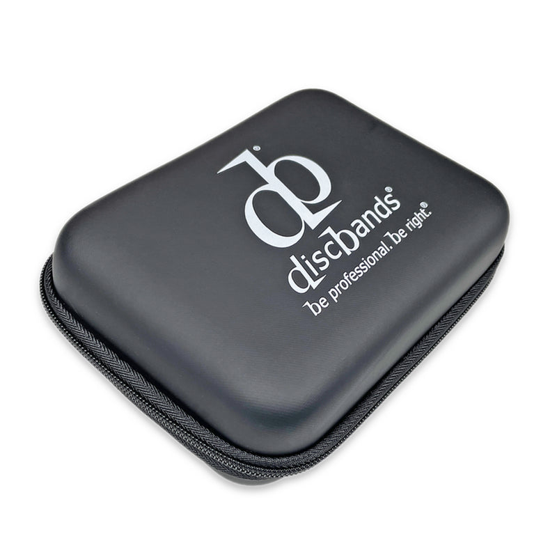 Black carrying case with 'discbands' logo on a white background