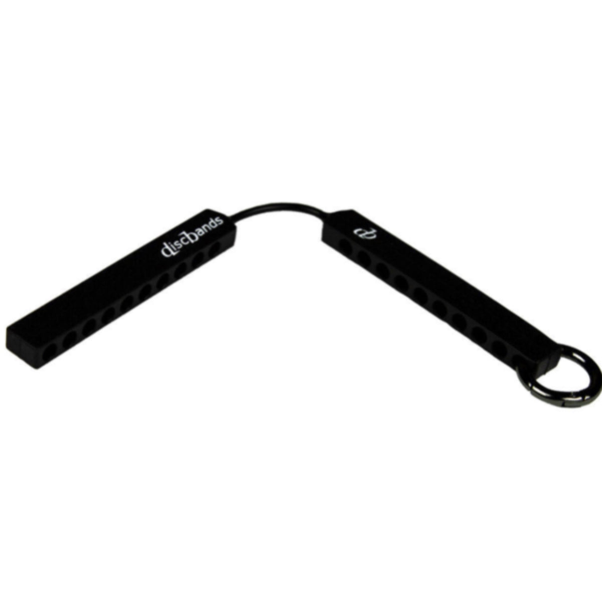 Black resistance band with a handle on a white background