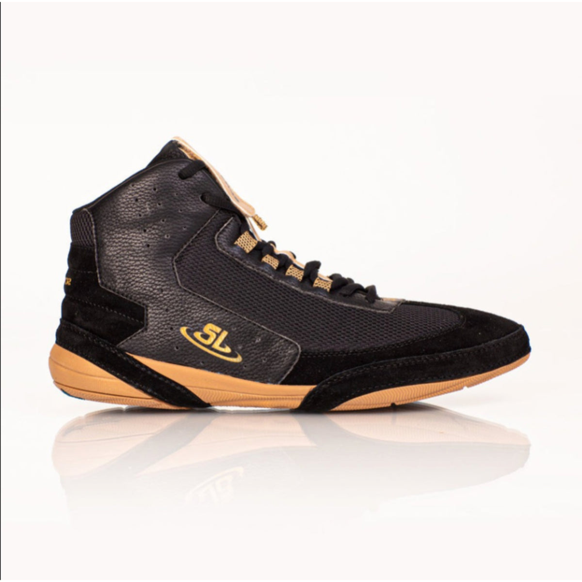 Black high-top sneaker with tan accents on a white background