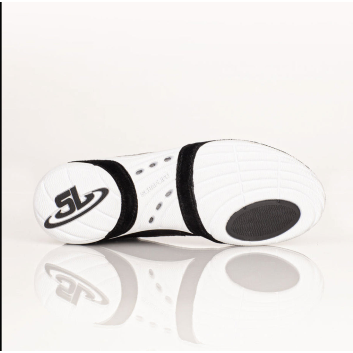 White and black sneaker with a brand logo on a white background