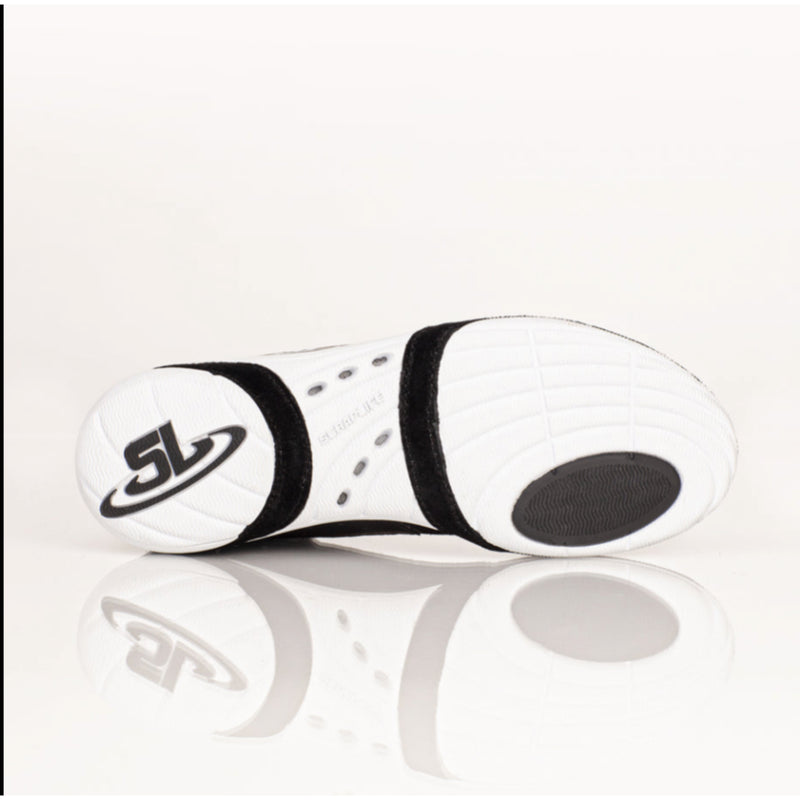 White and black sneaker with a brand logo on a white background