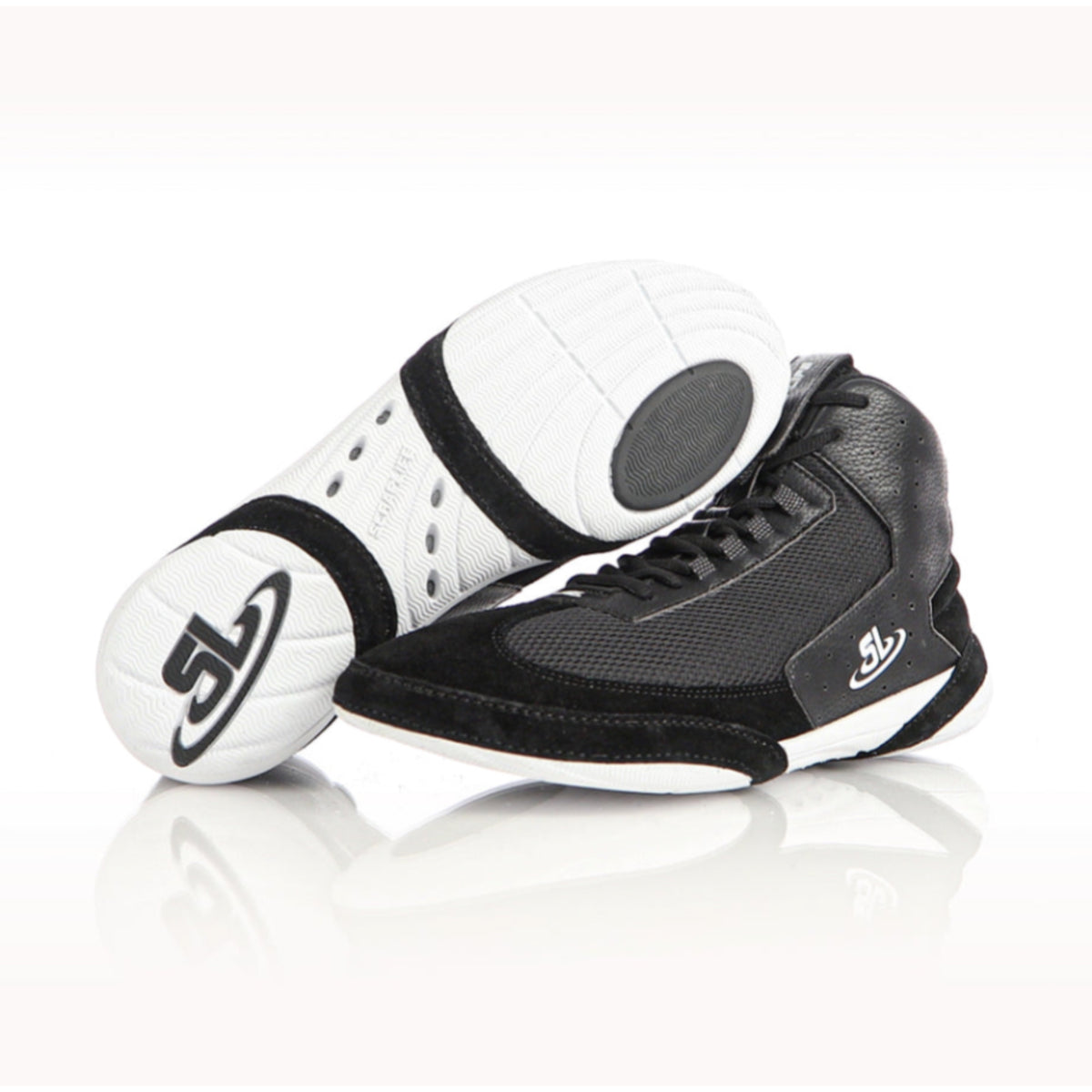 Black and white sneakers with a brand logo on a white background