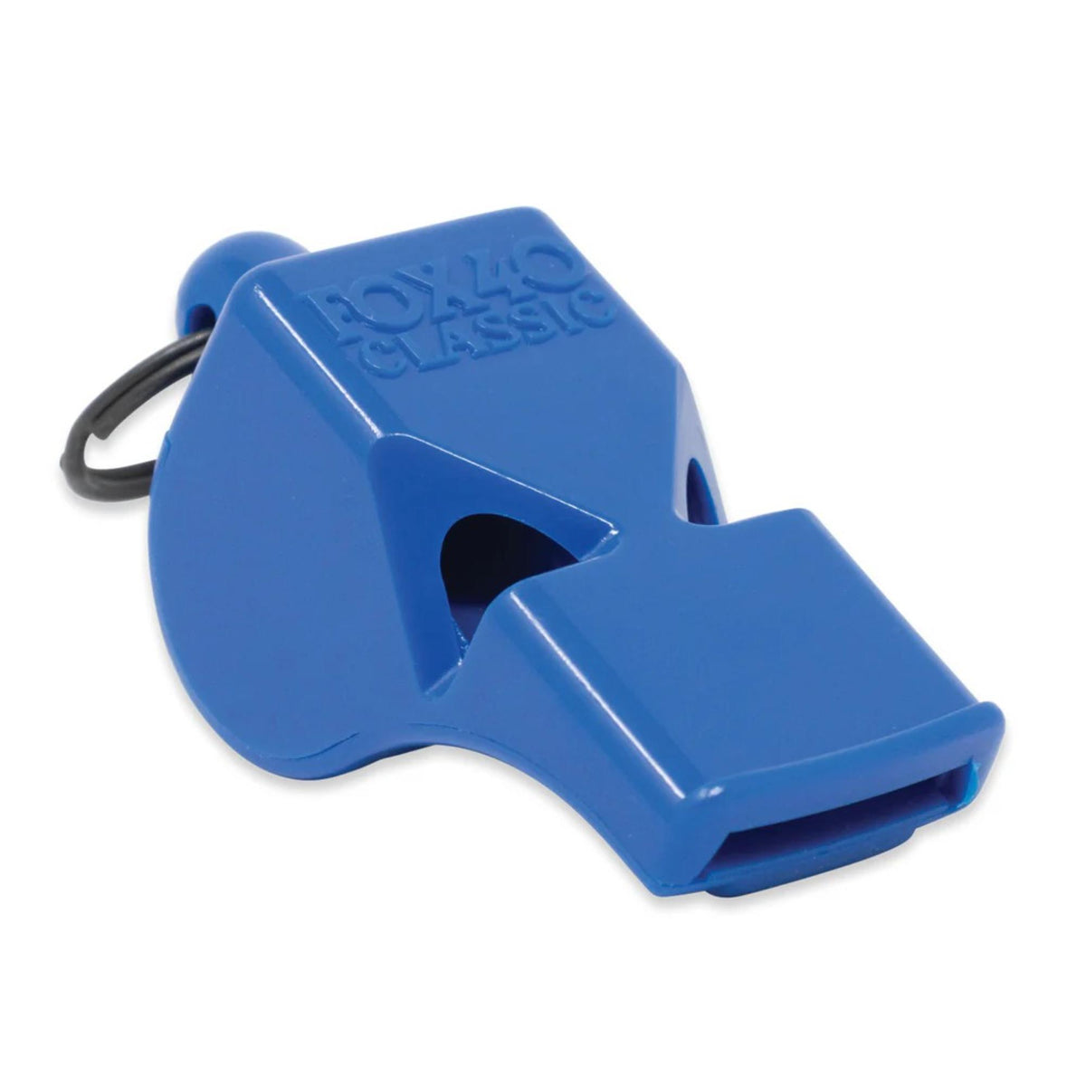 Safety whistle designed for emergency use, featuring a compact shape and key ring attachment for easy carrying.