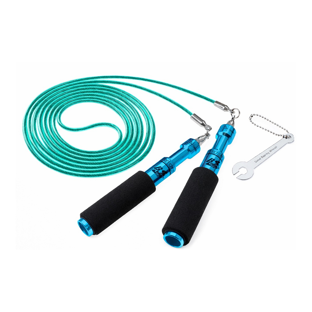 A green jump rope with foam handles and a metal rope end, displayed with a pair of black and blue jump rope handles.