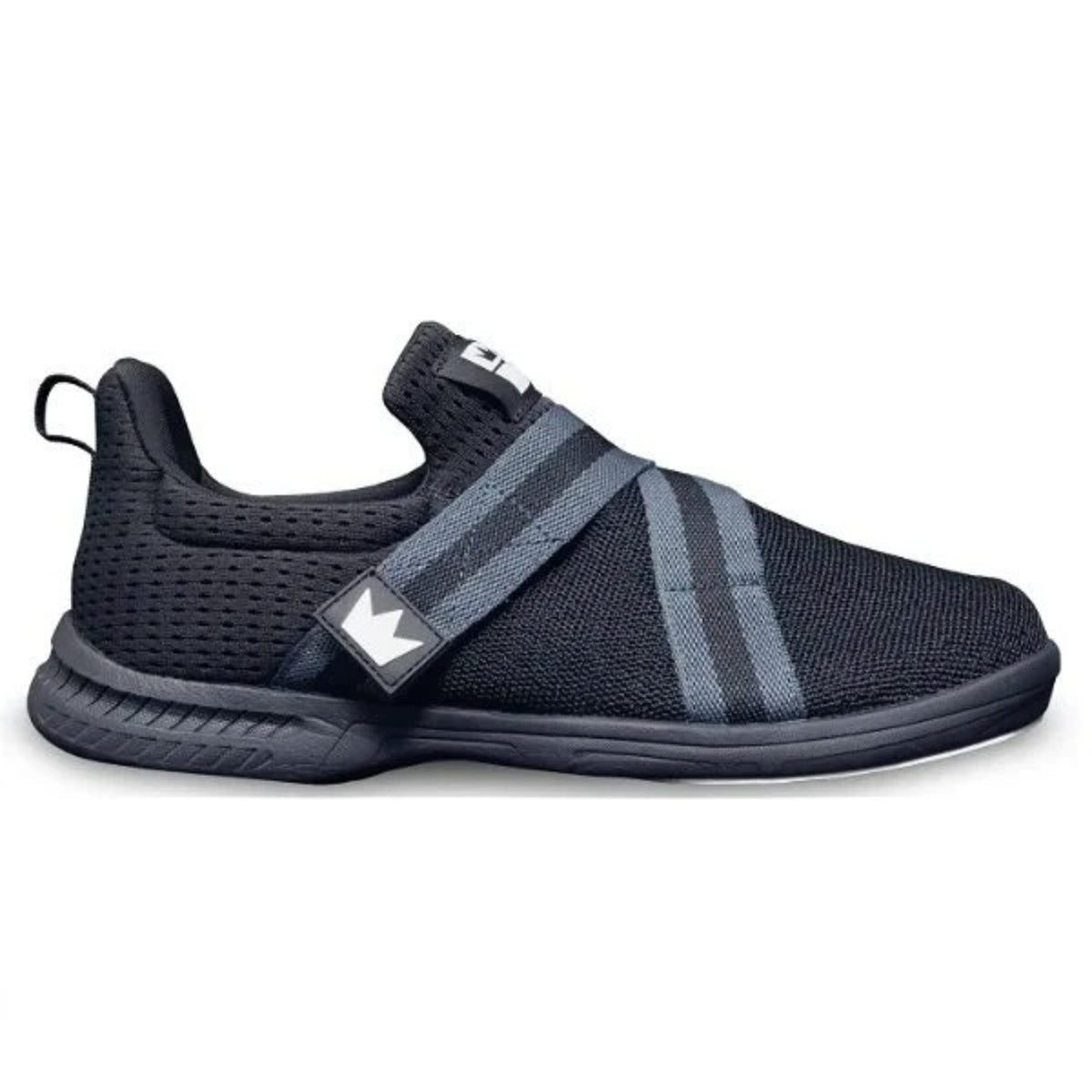 Slip-on bowling shoe with a breathable mesh upper, elastic cross straps for a secure fit, cushioned sole, and low-profile design for comfort and stability during play.