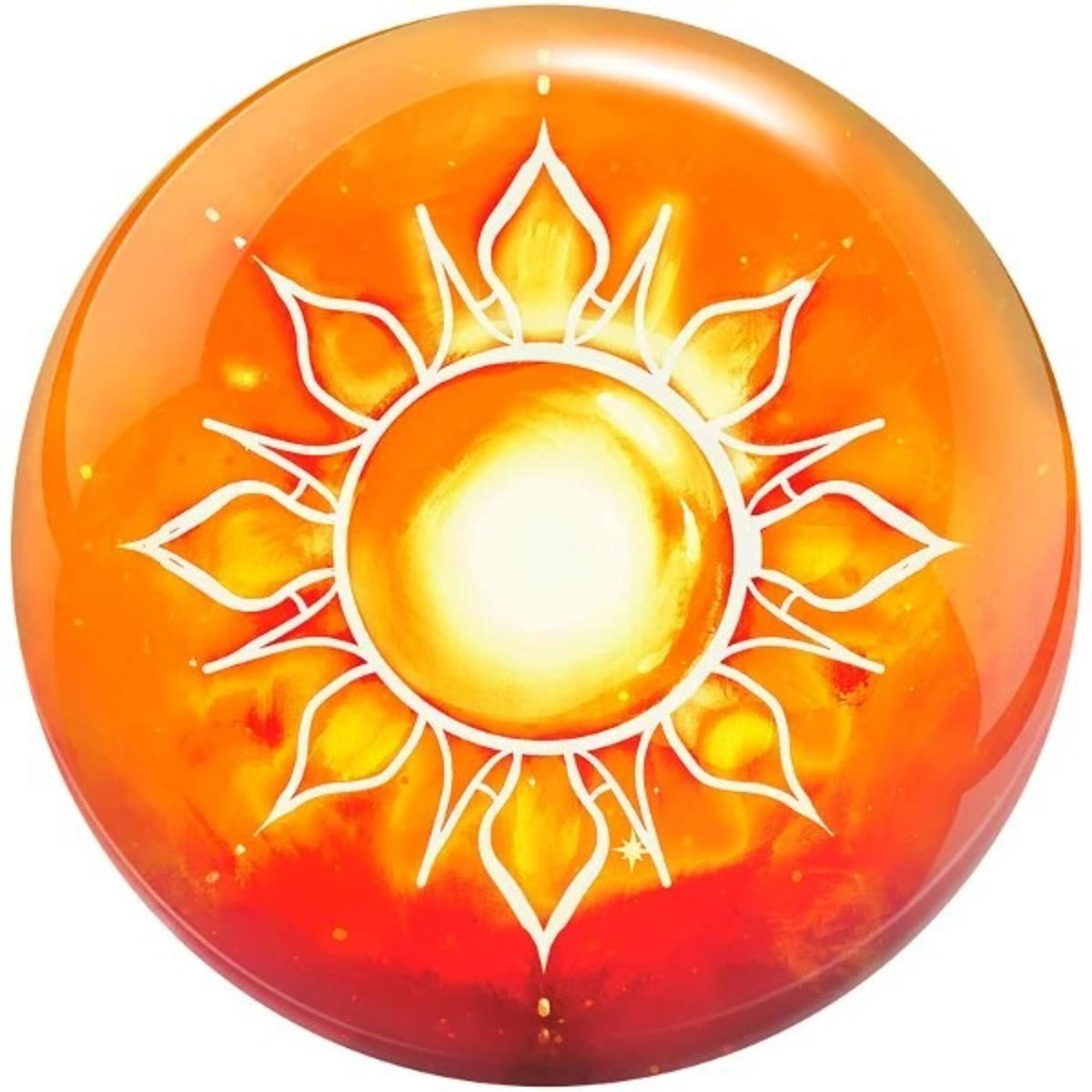 Bowling ball featuring a stylized sun design with a glowing center and decorative rays extending outward across the surface.