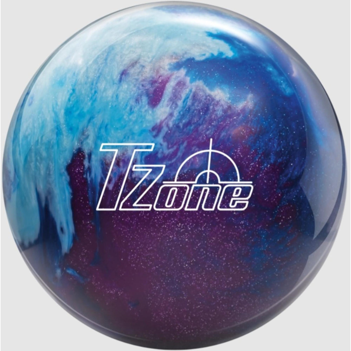 Bowling ball with a glossy finish featuring a swirling multi-tone pattern with a speckled effect and brand logo, designed for recreational and beginner-friendly use.
