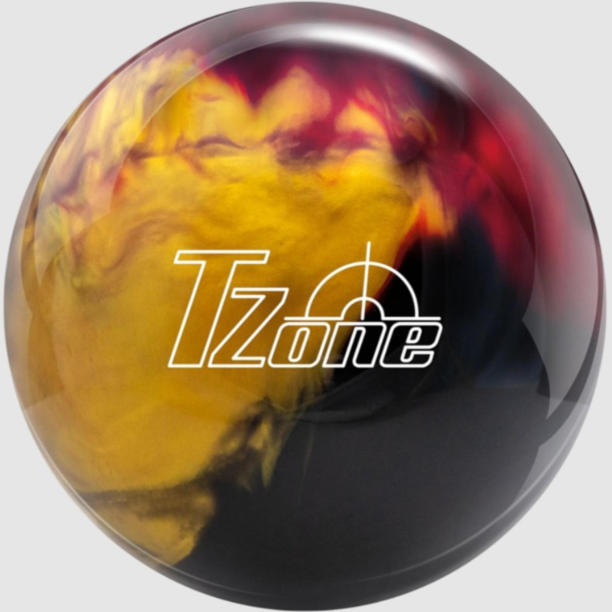 Bowling ball with a glossy finish featuring a swirling pattern and branded logo, designed for recreational and entry-level performance.