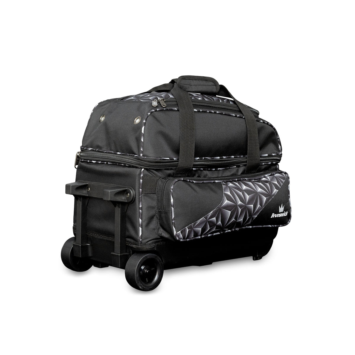 Brunswick Zone Double Roller Bowling Bag - Black Prism - Brunswick Zone Double Roller Prism Black 3qtr Left View 1600x1600