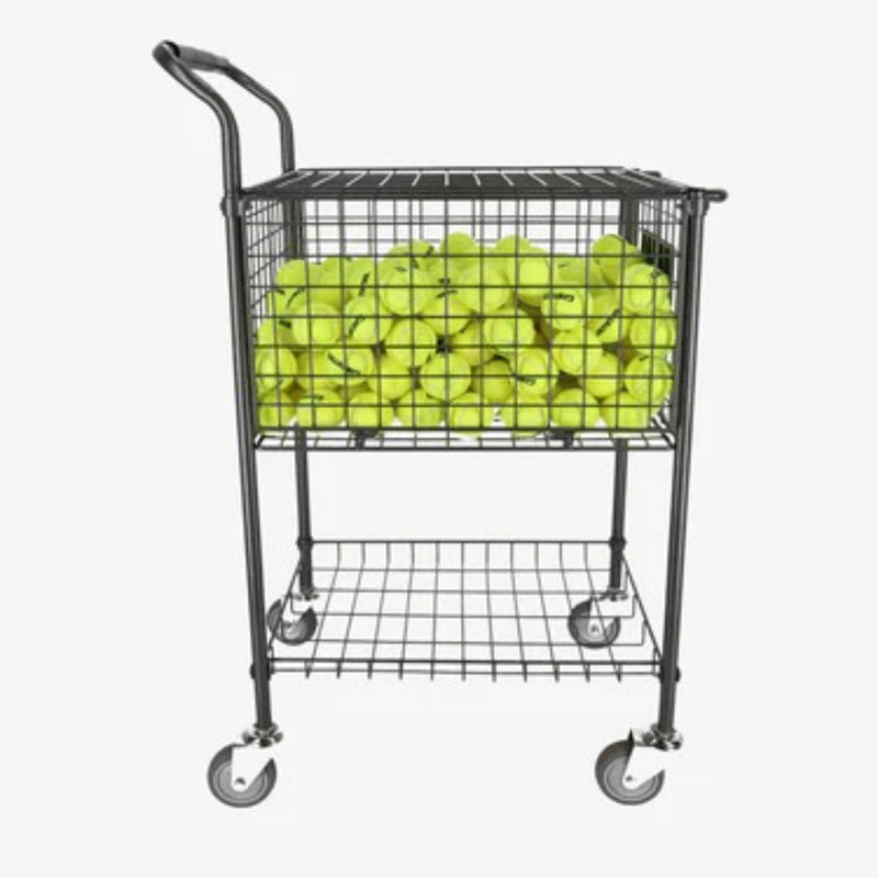 Ball hopper cart with a large wire basket, lower storage shelf, handle for transport, and four caster wheels for easy mobility.