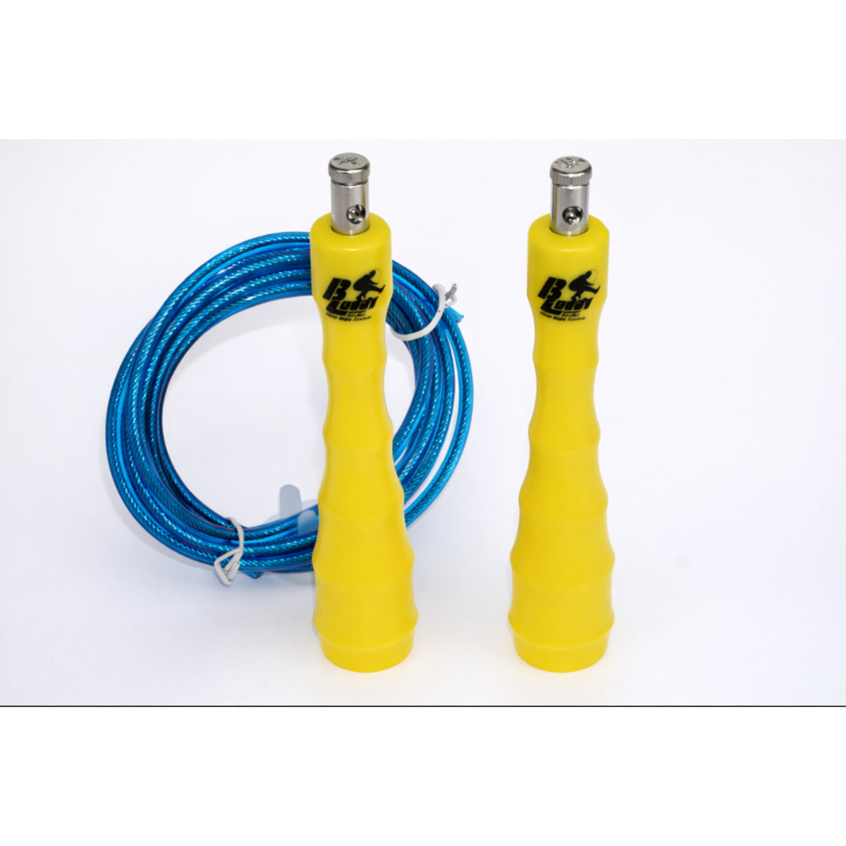Blue jump rope with yellow handles on a white background